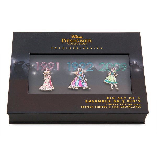 Disney Store Designer Premiere Limited Edition Pin Set Belle (Beauty and the Beast - 1991), Jasmine (Aladdin - 1992), and Tiana (The Princess and the Frog - 2009)